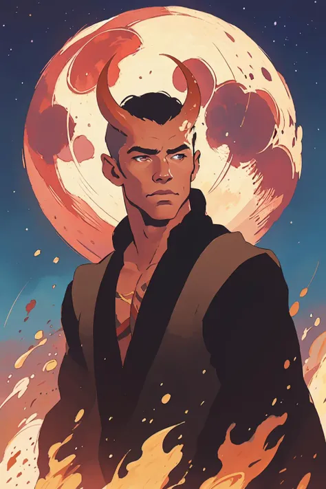 splatter, drawing of a man black hair, long, horns, tail, red skin in a black robe front of a full moon with blue splots, Cedric Seaut (Keos Masons), epic fantasy character art, a character portrait, fantasy art (best quality:1.27), (masterpiece:1.27), (highres:1.20) (digital illustration:1.20), (manga-art:1.25), detailed face, eyes and hands, circle, crescent moon, full moon, weapon, male focus, moon, moonlight, night, night sky, planet, red moon, sky, solo, sun <lora:tiefling_offset:1>