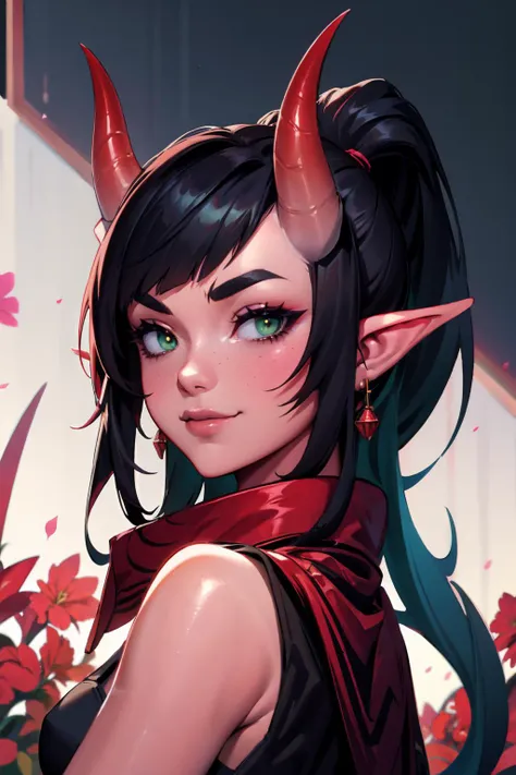 highres, masterpiece, perfect lighting, bloom, cinematic lighting, adult, female, looking at viewer, (RSEEmma:1.5),<lora:RSERomantic_RSESofiko_RSEEmma-v1:0.3>, <lora:tiefling_offset:1> tiefling, (colored skin, red skin), horns, demon horns, oni horns, dragon horns, tail, pointy ears, side-swept bangs, black hair, pink IncursioDipDyedHair, messy mid ponytail, green eyes, thick eyebrows, freckles, smile <lora:DipDyedHair:1>