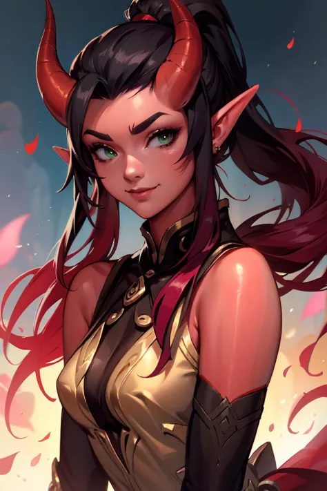 highres, masterpiece, perfect lighting, bloom, cinematic lighting, adult, female, looking at viewer, (RSEEmma:1.5),<lora:RSERomantic_RSESofiko_RSEEmma-v1:0.3>, <lora:tiefling_offset:1> tiefling, (colored skin, red skin), horns, demon horns, oni horns, dragon horns, tail, pointy ears, side-swept bangs, black hair, pink IncursioDipDyedHair, messy mid ponytail, green eyes, thick eyebrows, freckles, smile <lora:DipDyedHair:1>