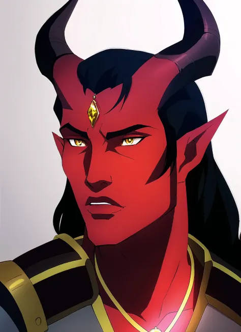Tiefling, solo, horns, pointy ears, male focus, black hair, male, long hair, jewelry, yellow eyes, colored skin, necklace, armor, grey background, demon horns, realistic, looking to the side, red skin, portrait, upper body
, ((masterpiece, best quality)) <lora:tiefling_offset:1> <lora:vox_machina_style2:0.5>