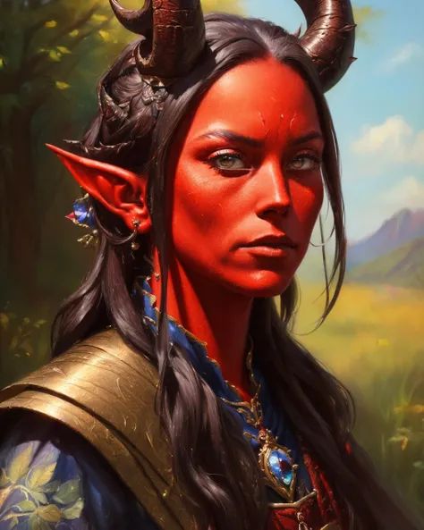 oil painting, 19th century regal wear, Tiefling, female, pointy ears, horns, red skin, impressionism <lora:tiefling:1>, (best quality, masterpiece, 4k, ultra detailed, sharp focus, 8k, high definition, insanely detailed, intricate:1.2)