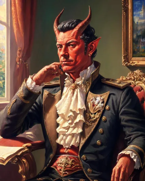 oil painting, 19th century regal wear, admiral, black hair, sitting, chair, Tiefling, male, pointy ears, horns, red skin, impressionism <lora:tiefling:1>, (best quality, masterpiece, 4k, ultra detailed, sharp focus, 8k, high definition, insanely detailed, intricate:1.2)