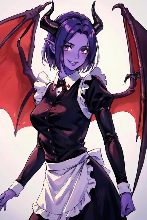 <lora:tiefling_offset:1>tiefling,
purple skin, horns, demon horns,dragon wings, maid,
(best quality, masterpiece, RAW photo,ultra-detailed:1.2), <lyco:GoodHands-beta2:1.0>,1girl,solo,looking at viewer,smile