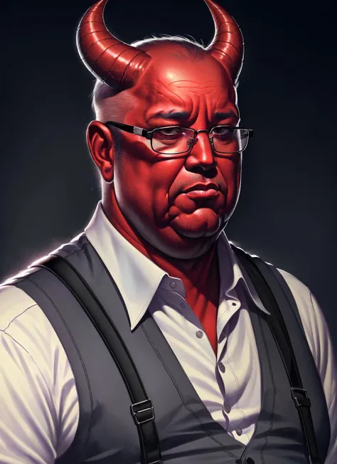 Tiefling, male, horns, male focus, solo, colored skin, red skin, dress shirt, suspenders, glasses, tail, portrait, closed mouth, gray hair, demon, middle aged, black background, (balding:0.9), (sad, depressed, fat:1.2), ((masterpiece, best quality)), art by greg rutkowski <lora:tiefling_offset:1>