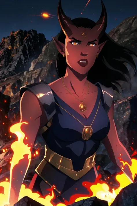 Tiefling, sorceress, solo, horns, pointy ears, female focus, black hair, female, long hair, jewelry, orange eyes, colored skin, necklace, exotic armor, demon horns, red skin, upper body, (hell, fire, lava, molten rock:0.9), (dark sky, infernal space:0.8), meteor, armageddon, ((masterpiece, best quality)) <lora:tiefling_offset:0.85> <lora:dragonage_style_offset:0.5>