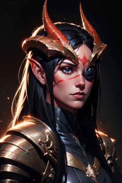 Tiefling, female, 1girl, horns, Eyepatch, female focus, solo, colored skin, red skin, armor, tail, shoulder armor, pauldrons, portrait, closed mouth,  black hair, demon, black background, long hair
, ((masterpiece, best quality)), art by greg rutkowski <lora:tiefling_offset:1> ,