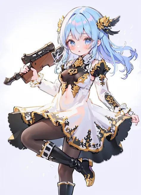 1girl,dress,boots,lace,pantyhose,<lora:lumen:0.7>,holding weapon
