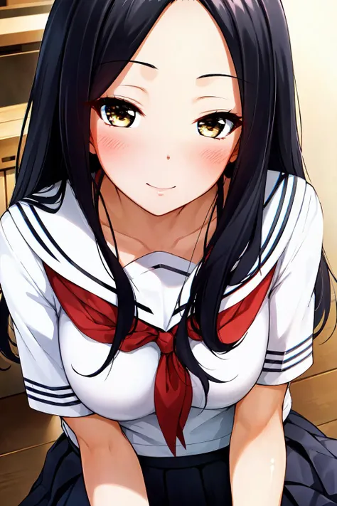 pleated skirt, school uniform, serafuku, short sleeves, skirt, <lora:Nanakas_Paradise-KK77-V2:0.7>, Black eyes, Black hair,bangs, Long_hair, yellow eyes,forehead,parted bangs,
1 girl, 20yo,Young female,Beautiful Finger,Beautiful long legs,Beautiful body,Beautiful Nose,Beautiful character design, perfect eyes, perfect face,expressive eyes, looking at viewer, in the center of the image,(light_smile:0.5), official art,extremely detailed CG unity 8k wallpaper, perfect lighting,Colorful, Bright_Front_face_Lighting,shiny skin, (masterpiece:1.0),(best_quality:1.0), ultra high res,4K,ultra-detailed, photography, 8K, HDR, highres, absurdres:1.2, Kodak portra 400, film grain, blurry background, bokeh:1.2, lens flare, (vibrant_color:1.2) (Beautiful,large_Breasts:1.0), (beautiful_face:1.5),(narrow_waist)