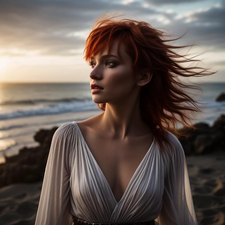 A cinematic photo of a young woman with striking silver eyes and pixie-cut red hair. She is clad in bohemian attire, lost in thought on a serene beach at sunset. The epic character composition, combined with sharp focus and natural lighting, brings the captivating image to life. The subsurface scattering effect adds a touch of ethereal glow, while the f2 aperture and 35mm lens create a perfect balance of depth and detail.
<lora:CineStyle5:0.6> 111cine8matic55