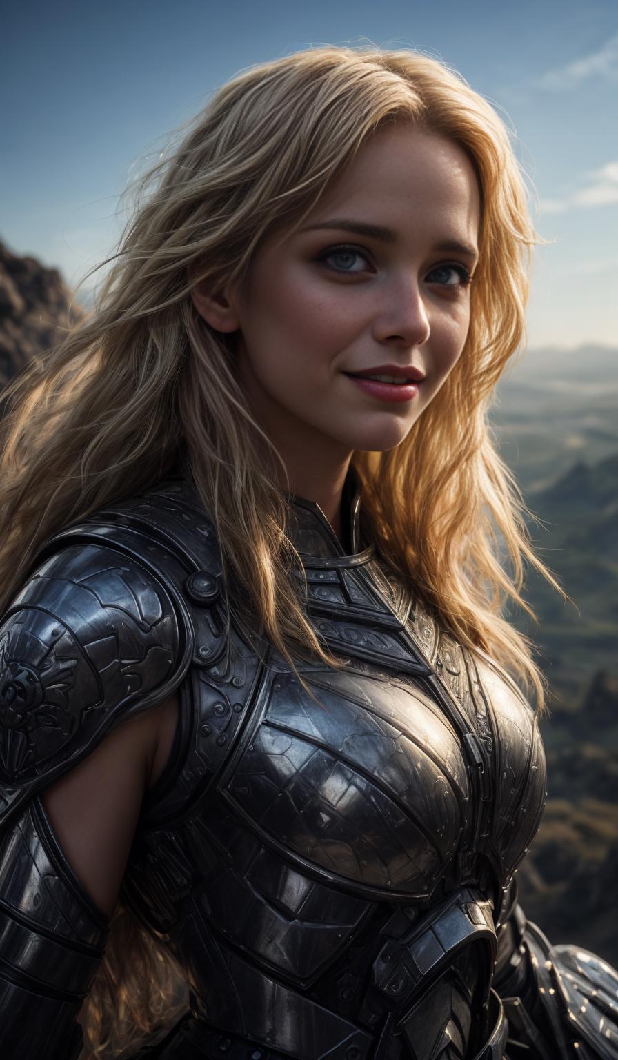 A woman in armor poses for a picture in a mountain scene - SeaArt AI