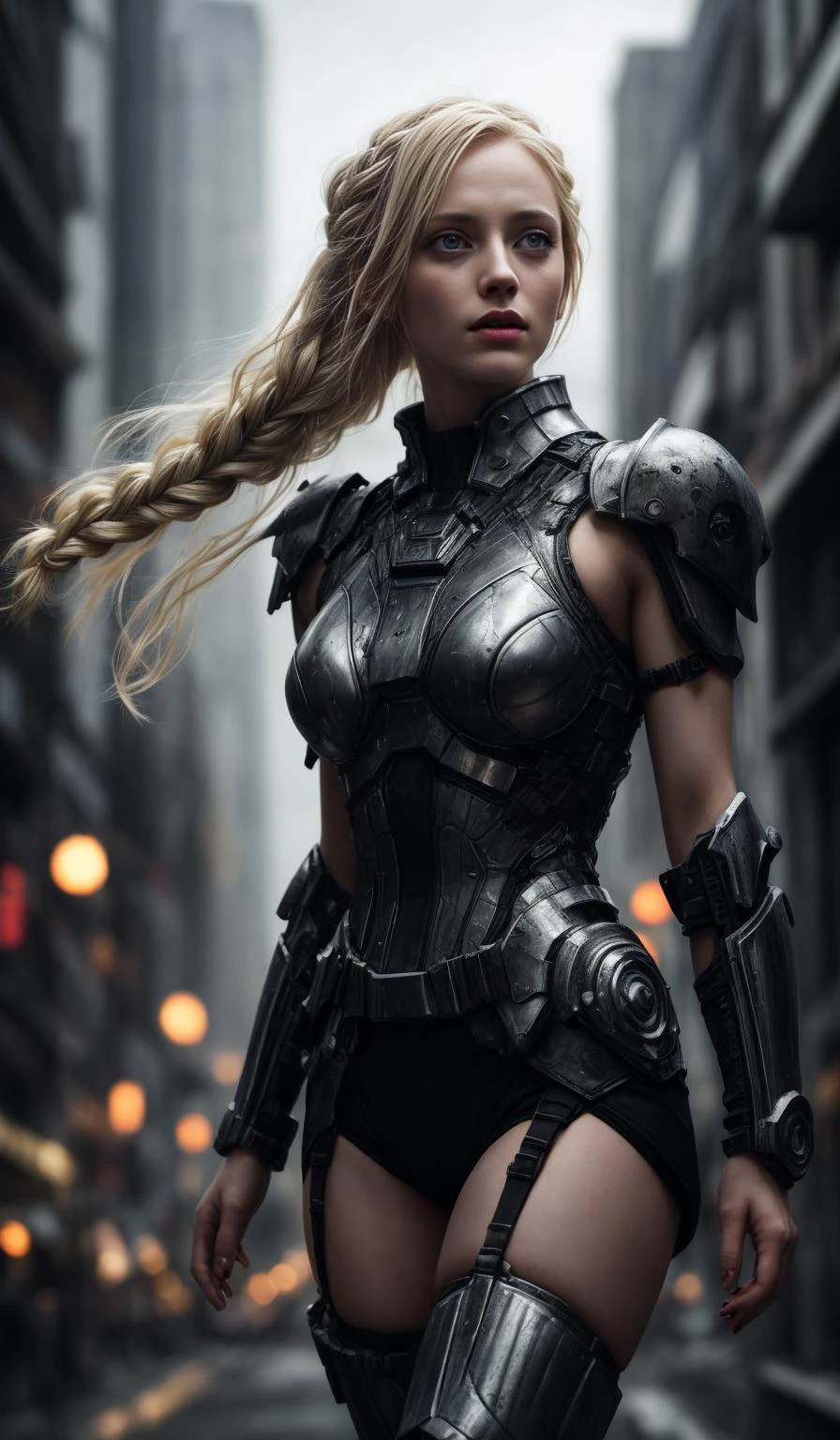 26yo girl, pale skin, swedish, blonde hair, braids, cyberpunk battle armor,
A cyberpunk city, at night, bright lights, running fast
Glimmering, Harmonious, masterpiece,
<lora:CineStyle5:0.5>, 111cine8matic55,
<lora:more_details:0.7>,
art by Greg Rutkowski,
photo, realistic
OverallDetail, EyeDetail, fHandDetail