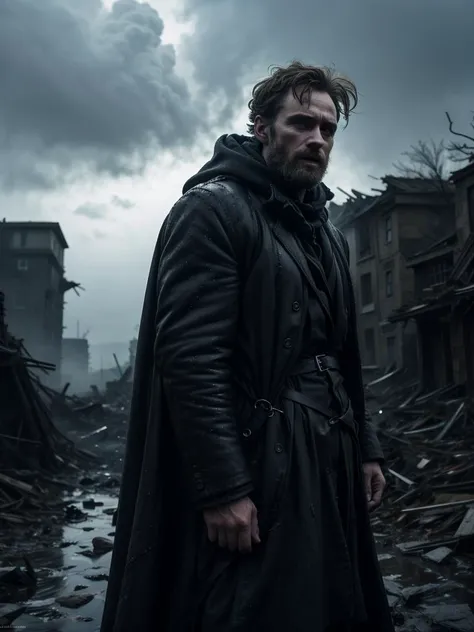 (upper body:1.2) photo of european 30 years old man, man walk in the middle of a ruined town, (close up:1.2), post-apocalyptic landscape with ruins, (looking at the camera:1.3), battered modern (military body armor:1.1), cape over modern army uniform, detailed short hair, 21 century, (looking at the viewer:1.2), gloomy twilight, hood, gloomy atmosphere, cloudy weather, night cinema shot, <lora:CineStyle5:0.7> 111cine8matic55