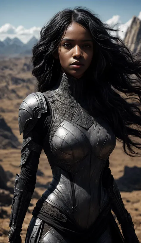 American Shot, 25yo black african girl, black skin, very long black hair, futuristic body armor, grim looking, sunny day
endless plains surrounded by mountains,
Glimmering, Harmonious, masterpiece, 
<lora:CineStyle5:0.5>, 111cine8matic55,
<lora:more_details:0.7>,
art by Greg Rutkowski,
photo, realistic
OverallDetail, EyeDetail, fHandDetail