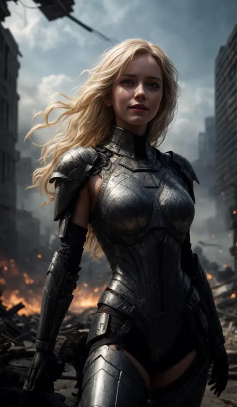 American Shot, Sky Queen, blonde hair, futuristic body armor, smiling,
destroyed buildings in background,
Glimmering, Harmonious, masterpiece, 
<lora:CineStyle5:0.5>, 111cine8matic55,
<lora:more_details:0.7>,
art by Greg Rutkowski,
photo, realistic
OverallDetail, EyeDetail, fHandDetail