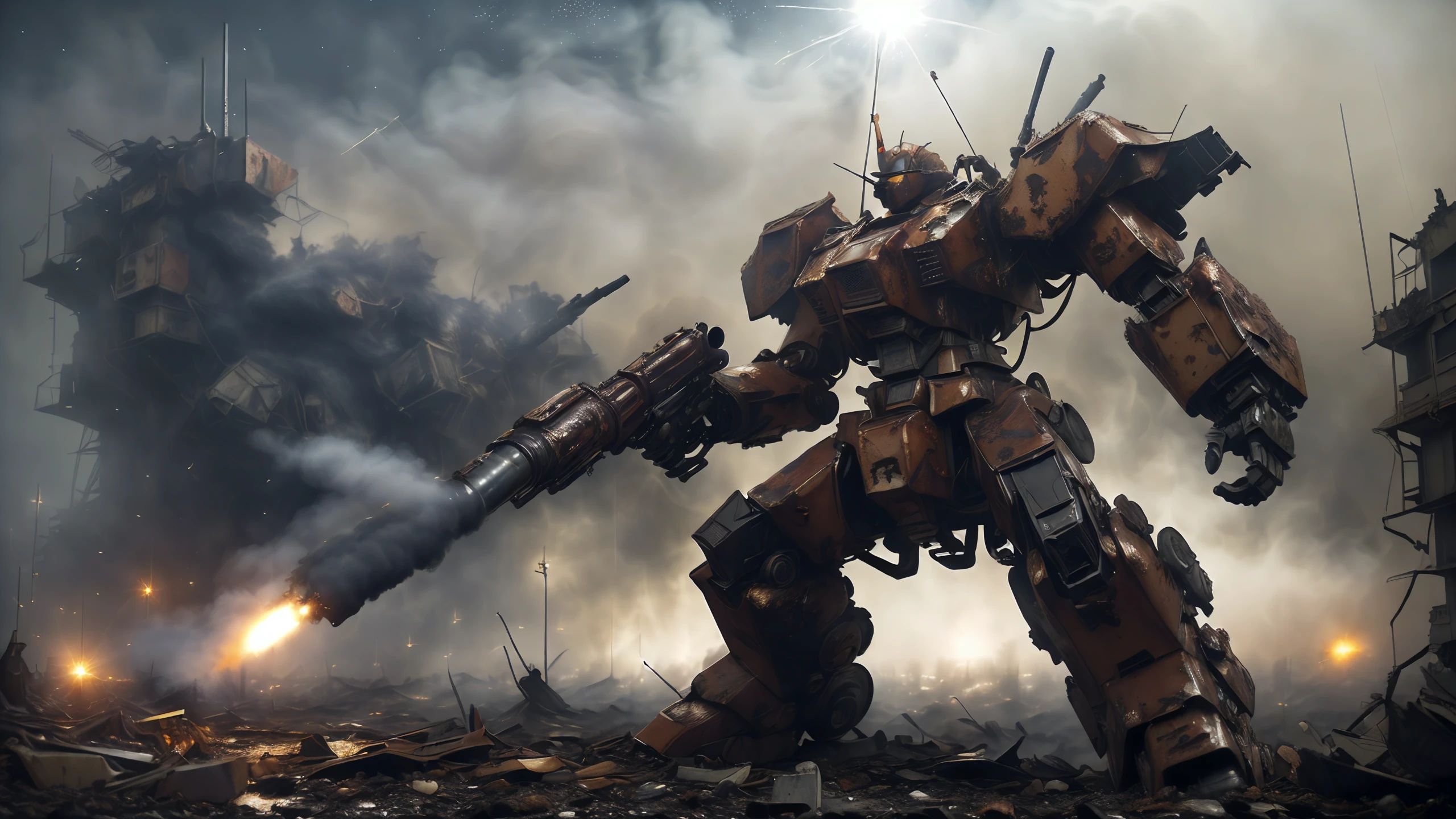 111cine8matic55,(masterpiece, hyper-realistic:1.4), (giant mecha robot:1.2),SRS, RRS, MRS, FRS, RARS,((contempling the battlefield :1.3), twisted tiles, (towering presence:1.2), (spotlight beams, smoke, fog, scratches, rusted, used, military scheme pattern, slow motion bullet's impact with sparkles:1.6), (firing cannon, rocket launcher on shoulders:1.2),bullets, (devastating assault cannon:1.3), (heavy artillery firing:1.2), (futuristic war battlefield:1.2), (desolation:1.2), (ruined cityscape:1.2), (dystopian atmosphere:1.2), (dramatic lighting:1.2), (dynamic perspective:1.2), (smoke and debris:1.2), (intense battle:1.2), (highly detailed mecha:1.3), (crumbling buildings:1.2), (war-torn landscape:1.2), <lora:CineStyle5:0.4>,<lora:_20230805154543:0.4> 1 <lora:srd_v2_5_u:0.3>, <hypernet:dr0ne_1:0.2>