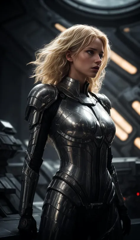 American Shot, Sky Queen, blonde hair, futuristic body armor,
in front of a futuristic starship,
Glimmering, Harmonious, masterpiece, 
<lora:CineStyle5:0.5>, 111cine8matic55,
<lora:more_details:0.7>,
art by Greg Rutkowski,
photo, realistic
OverallDetail, EyeDetail, fHandDetail