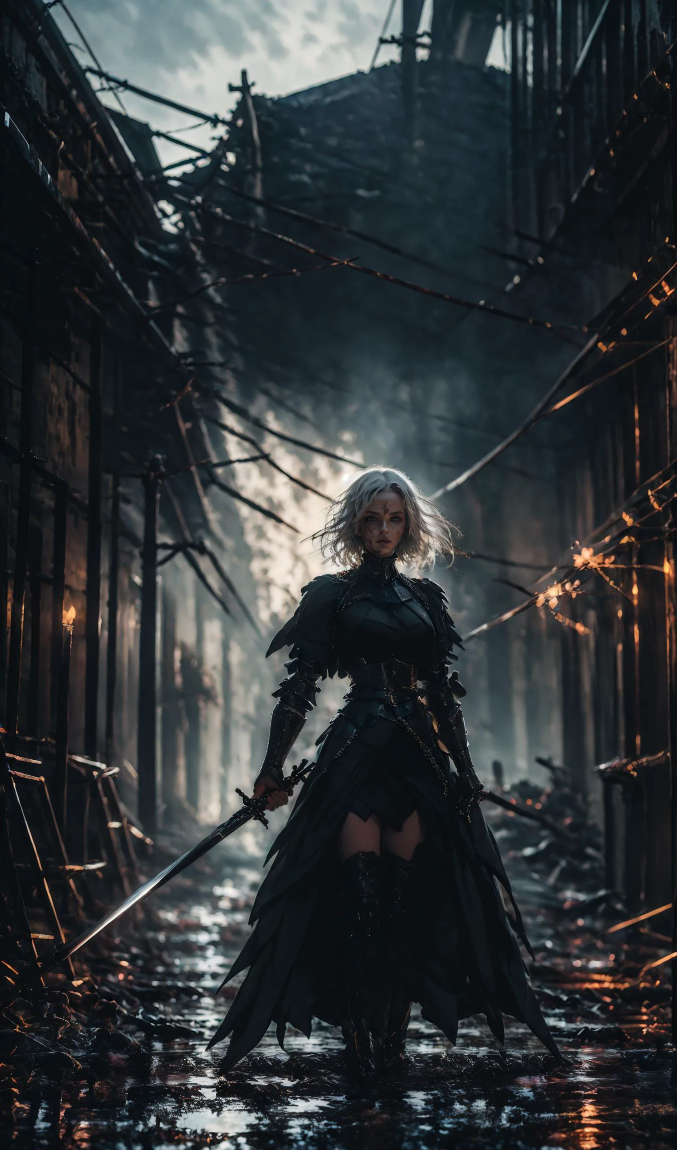 holding long sword,a stunning art,abstract,flowery,predominantly white,dynamic pose,centered,key visual,intricate,highly detailed,breathtaking beauty,precise lineart,vibrant,comprehensive,cinematic,((long white hair)),darkness,xuer Jeanne D Arc,(Attacking posture:1.3),blood,blood on face,blood on clothes,full full body,
<lora:xuer Jeanne D Arc_20240207204855:0.8>,(fire:1.3),<lora:CineStyle5:0.8>,111cine8matic55,epiCPhoto,<lora:lora_leica:1>,leicastyle,(candle:1.2),