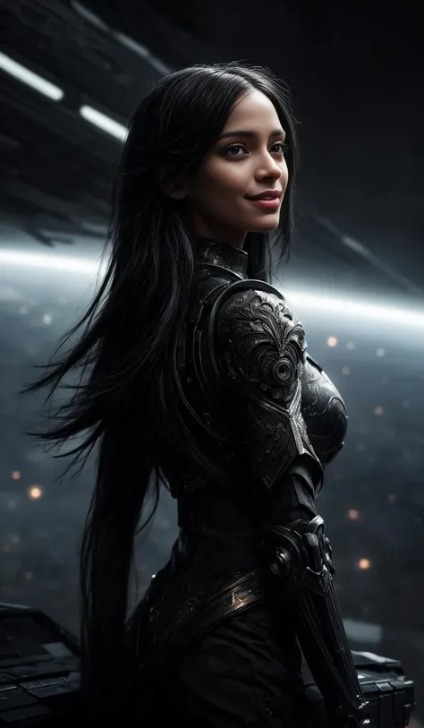 American Shot, 25yo girl, black african skin, very long black hair, futuristic body armor, smiling,
destroyed spaceships in background,
Glimmering, Harmonious, masterpiece, 
<lora:CineStyle5:0.5>, 111cine8matic55,
<lora:more_details:0.7>,
art by Greg Rutkowski,
photo, realistic
OverallDetail, EyeDetail, fHandDetail