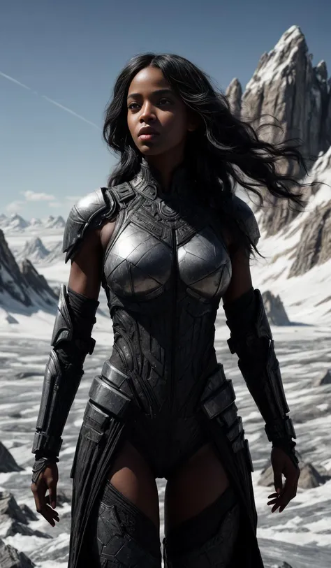 American Shot, 25yo black african girl, black skin, very long black hair, futuristic body armor, grim looking, sunny day
on a glacier,
Glimmering, Harmonious, masterpiece,
<lora:CineStyle5:0.5>, 111cine8matic55,
<lora:more_details:0.7>,
art by Greg Rutkowski,
photo, realistic
OverallDetail, EyeDetail, fHandDetail