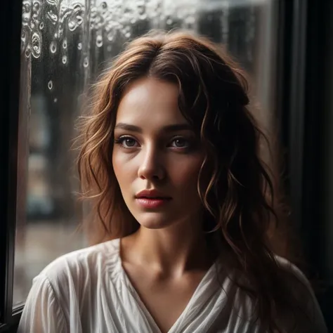 a young women looking out a window while it rains
<lora:CineStyle5:0.6> 111cine8matic55 style, (freckles:0.8), (lips parted), realistic eyes, POV, realistic[:, (film grain, 25mm, f/1.2, dof, bokeh, beautiful symmetrical face, perfect sparkling eyes, well defined pupils, high contrast eyes, ultra detailed skin, skin pores, vellus hair, fabric stitching, fabric texture, finely detailed features:1):0.9]
