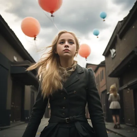 a young girl with blond hair is walking in an alley, balloons in the sky above her.
<lora:CineStyle5:0.6> 111cine8matic55 style