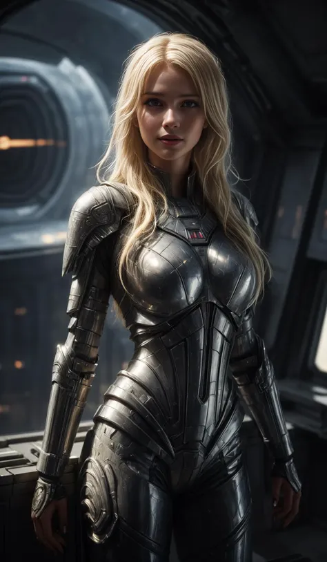 American Shot, Sky Queen, blonde hair, futuristic body armor, smiling
in front of a small futuristic starship,
Glimmering, Harmonious, masterpiece,
<lora:CineStyle5:0.5>, 111cine8matic55,
<lora:more_details:0.7>,
art by Greg Rutkowski,
photo, realistic
OverallDetail, EyeDetail, fHandDetail