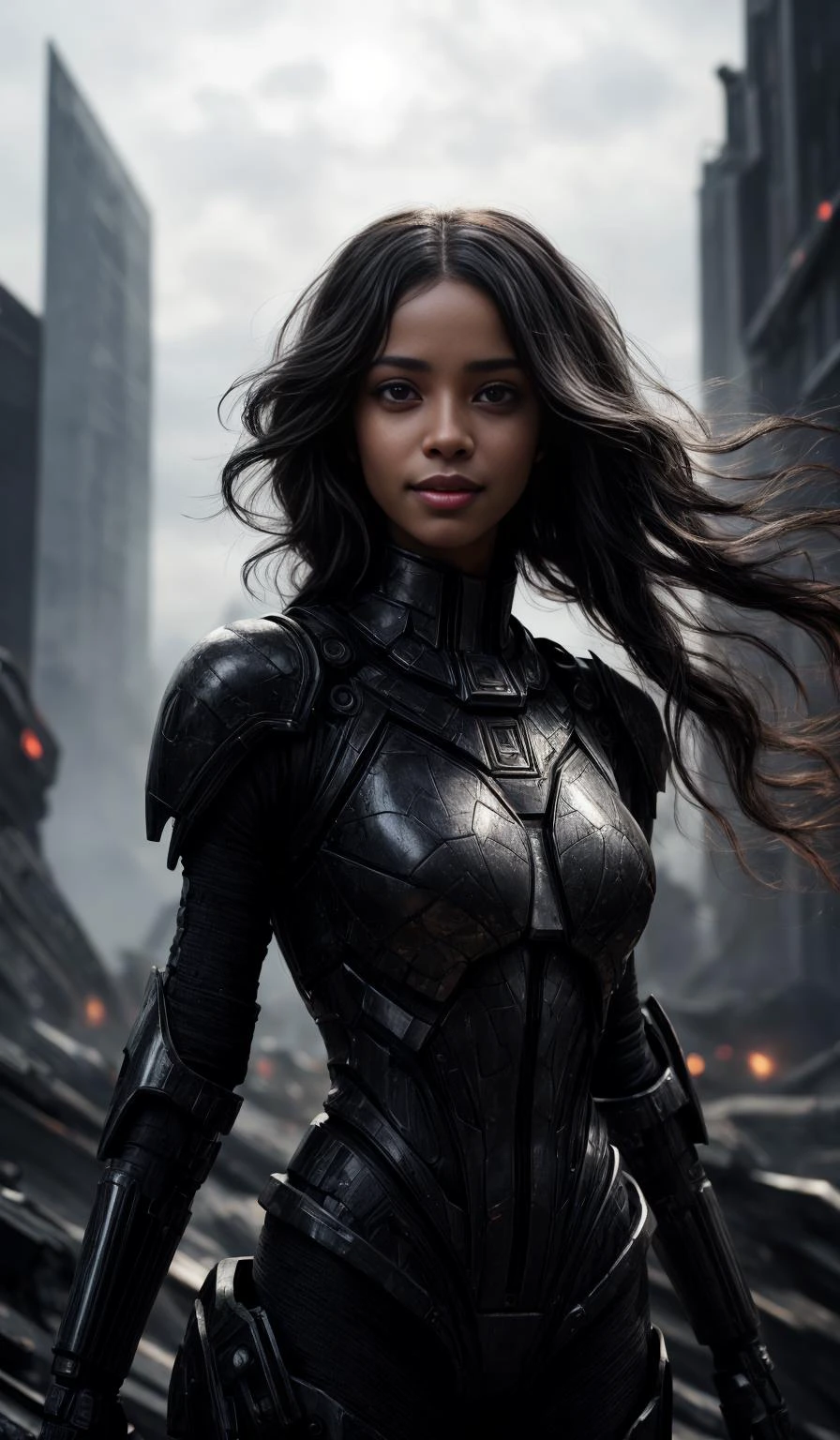 American Shot, 25yo girl, black african skin, very long black hair, futuristic body armor, smiling,
destroyed spaceships in background,
Glimmering, Harmonious, masterpiece,
<lora:CineStyle5:0.5>, 111cine8matic55,
<lora:more_details:0.7>,
art by Greg Rutkowski,
photo, realistic
OverallDetail, EyeDetail, fHandDetail