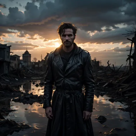 (upper body:1.2) photo of european 30 years old man, man walk in the middle of a ruined town, (close up:1.2), post-apocalyptic landscape with ruins, battered modern (military body armor:1.1), cape over modern army uniform, detailed short hair, 21 century, (looking at the viewer:1.2), gloomy twilight, hood, gloomy atmosphere, cloudy weather, night cinema shot, <lora:CineStyle5:0.7> 111cine8matic55