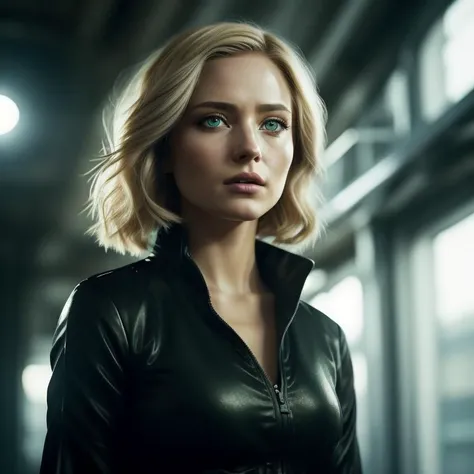 A cinematic up close photo of a young woman with arresting green eyes and a tousled blonde bob. She's garbed in a sleek spy suit, cracking a high-tech safe in a sophisticated metropolis. The epic character composition, combined with sharp focus and natural lighting, brings the captivating image to life. The subsurface scattering effect adds a touch of ethereal glow, while the f2 aperture and 35mm lens create a perfect balance of depth and detail.
<lora:CineStyle5:0.6> 111cine8matic55