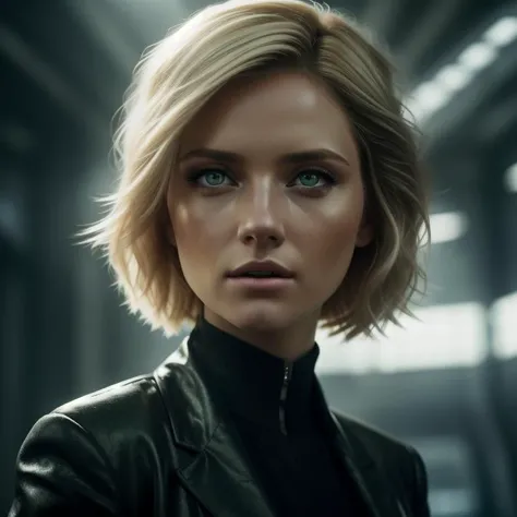 A cinematic up close photo of a young woman with arresting green eyes and a tousled blonde bob. She's garbed in a sleek spy suit, cracking a high-tech safe in a sophisticated metropolis. The epic character composition, combined with sharp focus and natural lighting, brings the captivating image to life. The subsurface scattering effect adds a touch of ethereal glow, while the f2 aperture and 35mm lens create a perfect balance of depth and detail.
<lora:CineStyle5:0.6> 111cine8matic55