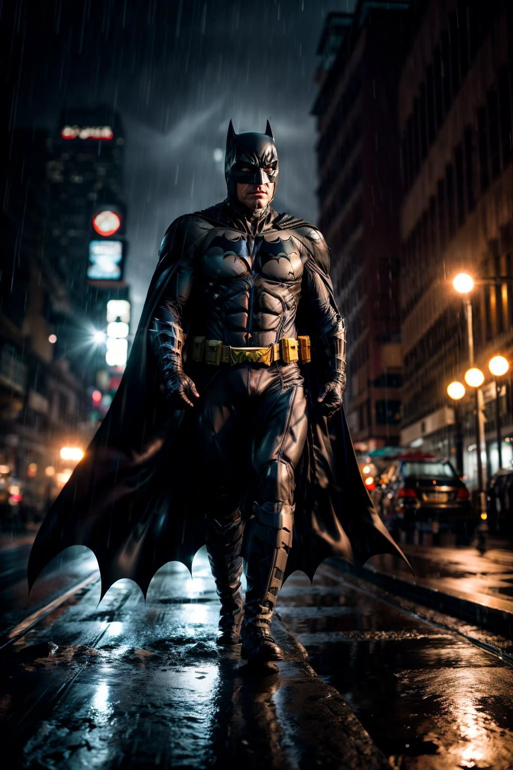 111cine8matic55, a full body batman in the rain,dramatic visuals, atmospheric immersion, shot with sony alpha a9 II and sony fe 200-600mm/5.6-6.3 g oss lens, natural light, hyper realistic photograph, ultra detailed, <lora:add_detail:1>, <lora:CineStyle5:0.5>