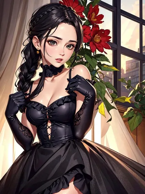 (masterpiece:1.2, best quality), photorealistic, (hyperrealistic:1.2), beautiful, extremely detailed face,  a 23yo woman, black hair, braided hair, frilled dress, offshoulder, (perfect anatomy), long gloves, smeling a flower, textured skin, warm lighting
 <lora:cargirl_dead_ahead:1> cargirl_dead_ahead