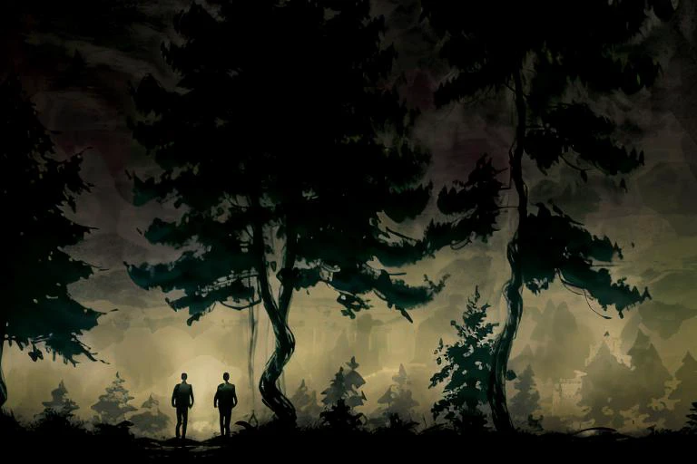 silhouette of a man, creepy, forest, night, in the style of <lora:FOTHL:1>