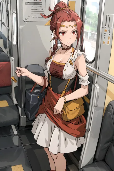 masterpiece, best quality,8K,intricate details,Highest quality, super resolution,neutral colors,detailed eyes, ultra detailed, intricate details,detailed clothes,meticulous clothes,intricate detail,photorealistic, (hyperrealistic:1.2),(1 girl:1.3),
(full body),beautiful,oval face, slender, lanky,small breasts,micromastia,narrow waist,
<lora:chara_GATEJietai_PinaCoLada_v1:0.8> pina co lada, earrings, circlet, red eyes, red hair, long hair, braided ponytail, braid, (envoy dress, ponytail, jewelry, cleavage, hair ornament, collarbone), sunset, clenched teeth (disgust:1.2,jitome:1.2), Scenes:(<lora:E235_V5:0.6> (e235 train interior:1.3),)