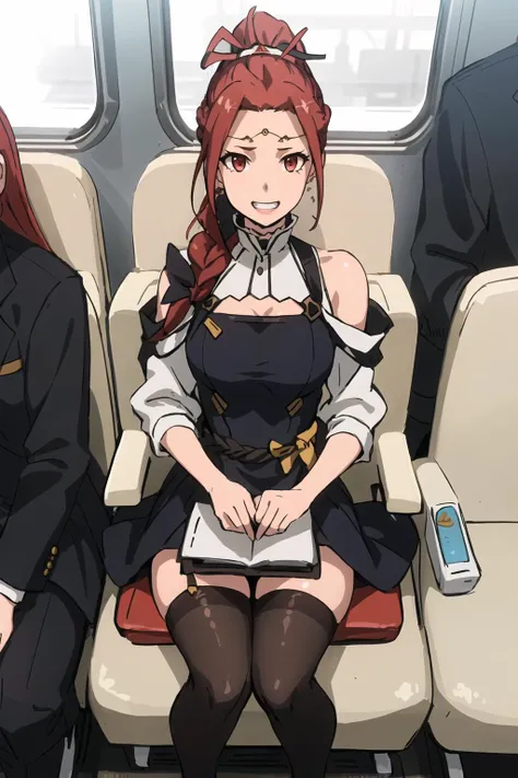 masterpiece, best quality,8K,intricate details,Highest quality, super resolution,neutral colors,detailed eyes, ultra detailed, intricate details,detailed clothes,meticulous clothes,intricate detail,photorealistic, (hyperrealistic:1.2),(1 girl:1.3),
(full body),beautiful,oval face, slender, lanky,small breasts,micromastia,narrow waist,
<lora:chara_GATEJietai_PinaCoLada_v1:0.8> pina co lada, earrings, circlet, red eyes, red hair, long hair, braided ponytail, braid, (envoy dress, ponytail, jewelry, cleavage, hair ornament, collarbone), night, open mouth (crazy:1.3,dark_persona:1.3,grin:1.3,excited:1.3), Scenes:(On the Train,Shinkansen scene, the sun shines on the train seats,)