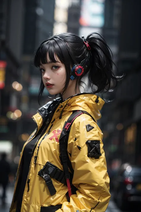 (realistic:1.2),1girl, bandaid, black_hair, dirty, headphones, headset, short_hair, solo, breasts, bangs, blue_eyes,(cyberpunk city), long_sleeves, medium_breasts, jacket, upper_body, ponytail, small_breasts, lips, see-through, torn_clothes, facial_mark, yellow_jacket, urban techwear, outfit <lora:urbantechwear:1:OUTD>