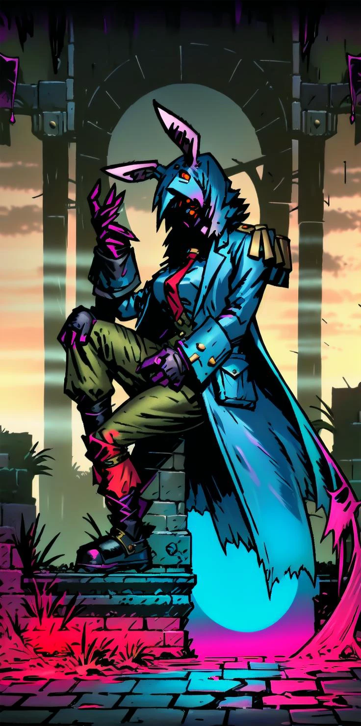 solo, 1girl, (white long fluffy bunny ears.1.5), green hair, <lyco:GoodHands-beta2:1.0>, <lyco:image_compositionLoCon:1.0>,black military uniform, jacket, jet black skirt, red tie, oversized mechanical gauntlets, claws on fingers, (red glowing eyes:1.5), violence, <lyco:Robotaction:0.2>, debris, motion lines, speed lines, <lora:urbantechwear:0.35>, techwear, outfit, mechanical limbs, exciting camera angle, MenacingJojo, text, <lora:MenacingJojo:1>, red eyes, full armor, power armor, mecha, gundam, (PALE SKIN:1.25), <lora:add_detail:0.35>, nice hands, perfect hands, military jacket, overcoat, <lora:DarkestDungeonV2:1.0>