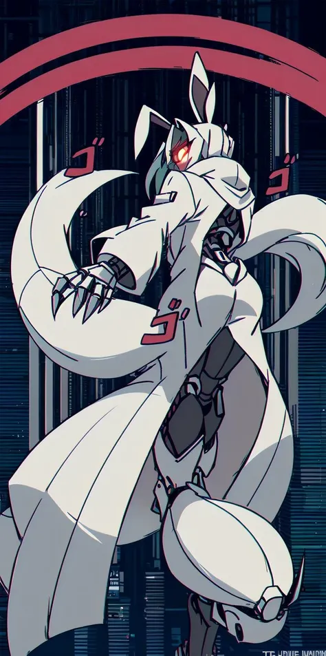 solo, 1girl, (white long fluffy bunny ears.1.5), green hair, <lyco:GoodHands-beta2:1.0>, <lyco:image_compositionLoCon:1.0>,black military uniform, jacket, jet black skirt, red tie, oversized mechanical gauntlets, claws on fingers, (red glowing eyes:1.5), violence, <lyco:Robotaction:0.2>, debris, motion lines, speed lines, <lora:urbantechwear:0.35>, techwear, outfit, mechanical limbs, exciting camera angle, MenacingJojo, text, <lora:MenacingJojo:1>, red eyes, full armor, power armor, mecha, gundam, (PALE SKIN:1.25), <lora:add_detail:0.35>, nice hands, perfect hands, military jacket, overcoat, <lora:Helltaker:0.45>