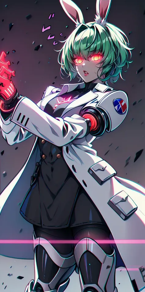 solo, 1girl, (white long fluffy bunny ears.1.5), green hair, <lyco:GoodHands-beta2:1.0>, <lyco:image_compositionLoCon:1.0>,black military uniform, jacket, jet black skirt, red tie, oversized mechanical gauntlets, claws on fingers, (red glowing eyes:1.5), violence, <lyco:Robotaction:0.2>, debris, motion lines, speed lines, <lora:urbantechwear:0.35>, techwear, outfit, mechanical limbs, exciting camera angle, MenacingJojo, text, <lora:MenacingJojo:1>, red eyes, full armor, power armor, mecha, gundam, (PALE SKIN:1.25), <lora:add_detail:0.35>, nice hands, perfect hands, military jacket, overcoat,