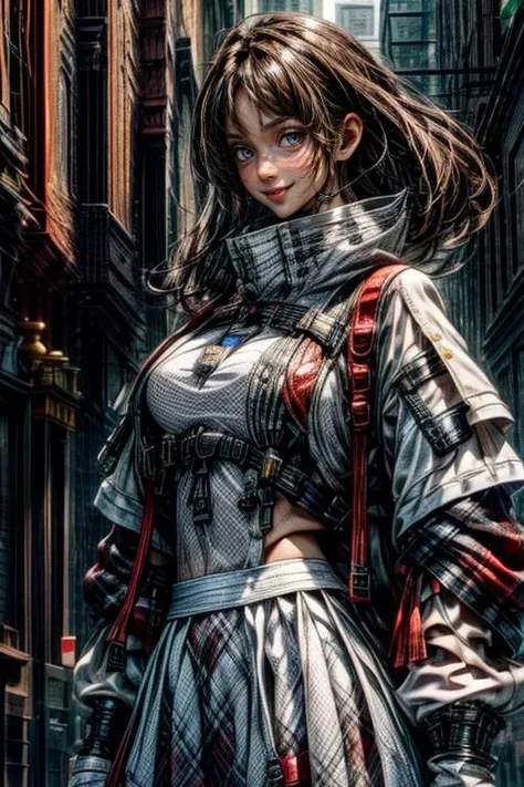 <lora:urbantechwear:1>, (urban techwear,outfit:1),<lora:add_detail:1>,<lora:more_details:1>,<lora:clothing details_v1.2_lbw:1.2>,ultra-detailed,best quality,masterpiece,highest detailed,16k,8k,ultra highres,absurdres,highres,HDR,intricate detail,high resolution,(extremely detailed face,extremely detailed eyes,extremely detailed body,extremely detailed breast,extremely detailed hair:1),Beautiful body,Beautiful Nose,perfect eyes,perfect face,expressive eyes,perfect balance,sharp focus,flawless,extreme detail description,delicate hair details,RAW,<lora:detail_slider_v4:2>,, white skin, middle eastern, woman, middle age, 42 year old, standing, arms behind back, blush, slim, muscular, school uniform, white shirt, plaid skirt, flat chest, neat hair, very long dark brown hair, brown eyes, thin eyebrows, Jordanian, (smile, grin, loving expression, looking at viewer, confident, smirk), healthy, (breast practically non-existent:1),