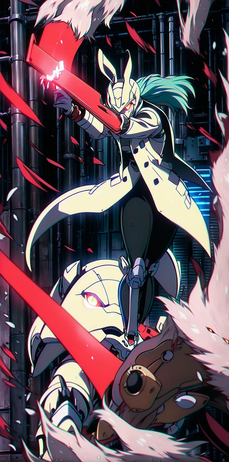 solo, 1girl, (white long fluffy bunny ears.1.5), green hair, <lyco:GoodHands-beta2:1.0>, <lyco:image_compositionLoCon:1.0>,black military uniform, jacket, jet black skirt, red tie, oversized mechanical gauntlets, claws on fingers, (red glowing eyes:1.5), violence, <lyco:Robotaction:0.2>, debris, motion lines, speed lines, <lora:urbantechwear:0.35>, techwear, outfit, mechanical limbs, exciting camera angle, MenacingJojo, text, <lora:MenacingJojo:1>, red eyes, full armor, power armor, mecha, gundam, (PALE SKIN:1.25), <lora:add_detail:0.35>, nice hands, perfect hands, military jacket, overcoat, <lora:Ghost in the Shell Style:0.65>