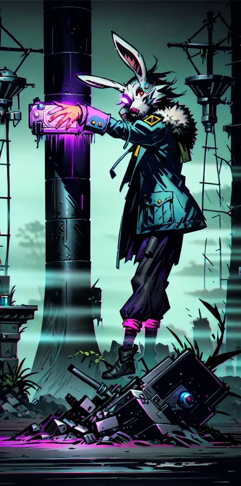 solo, 1girl, (white long fluffy bunny ears.1.5), green hair, <lyco:GoodHands-beta2:1.0>, <lyco:image_compositionLoCon:1.0>,black military uniform, jacket, jet black skirt, red tie, oversized mechanical gauntlets, claws on fingers, (red glowing eyes:1.5), violence, <lyco:Robotaction:0.2>, debris, motion lines, speed lines, <lora:urbantechwear:0.35>, techwear, outfit, mechanical limbs, exciting camera angle, MenacingJojo, text, <lora:MenacingJojo:1>, red eyes, full armor, power armor, mecha, gundam, (PALE SKIN:1.25), <lora:add_detail:0.35>, nice hands, perfect hands, military jacket, overcoat, <lora:DarkestDungeonV2:0.8>