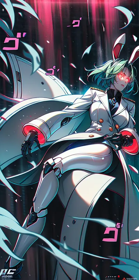 solo, 1girl, (white long fluffy bunny ears.1.5), green hair, <lyco:GoodHands-beta2:1.0>, <lyco:image_compositionLoCon:1.0>,black military uniform, jacket, jet black skirt, red tie, oversized mechanical gauntlets, claws on fingers, (red glowing eyes:1.5), violence, <lyco:Robotaction:0.2>, debris, motion lines, speed lines, <lora:urbantechwear:0.35>, techwear, outfit, mechanical limbs, exciting camera angle, MenacingJojo, text, <lora:MenacingJojo:1>, red eyes, full armor, power armor, mecha, gundam, (PALE SKIN:1.25), <lora:add_detail:0.35>, nice hands, perfect hands, military jacket, overcoat