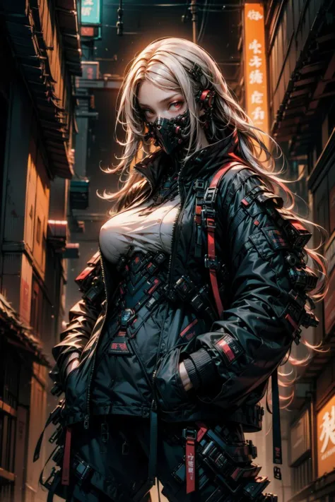 (masterpiece:1.1), (best quality:1.1), (vibrant colors:1.2), BREAK,
(cyberpunk:1.1), (synthwave:1.1), (neon:1.0), BREAK,
(1girl:1.2), (techwear:1.0), (hands in pockets:1.0), (mouth mask:1.0), (long hair:1.0), (large breasts:1.0), (white hair:1.0), <lora:urbantechwear:0.8>