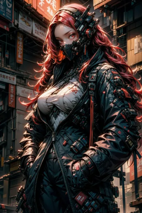 (masterpiece:1.1), (best quality:1.1), (vibrant colors:1.2), BREAK,
(cyberpunk:1.1), (synthwave:1.1), (neon:1.0), BREAK,
(1girl:1.2), (techwear:1.0), (hands in pockets:1.0), (mouth mask:1.0), (long hair:1.0), (large breasts:1.0) <lora:urbantechwear:0.8>