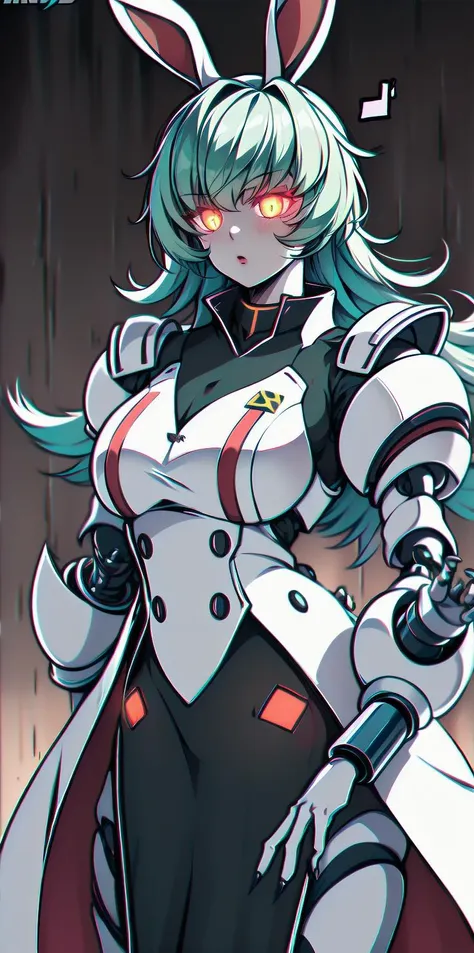 solo, 1girl, (white long fluffy bunny ears.1.5), green hair, <lyco:GoodHands-beta2:1.0>, <lyco:image_compositionLoCon:1.0>,black military uniform, jacket, jet black skirt, red tie, oversized mechanical gauntlets, claws on fingers, (red glowing eyes:1.5), violence, <lyco:Robotaction:0.2>, debris, motion lines, speed lines, <lora:urbantechwear:0.35>, techwear, outfit, mechanical limbs, exciting camera angle, MenacingJojo, text, <lora:MenacingJojo:1>, red eyes, full armor, power armor, mecha, gundam, (PALE SKIN:1.25), <lora:add_detail:0.35>, nice hands, perfect hands, military jacket, overcoat,