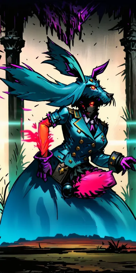 solo, 1girl, (white long fluffy bunny ears.1.5), green hair, <lyco:GoodHands-beta2:1.0>, <lyco:image_compositionLoCon:1.0>,black military uniform, jacket, jet black skirt, red tie, oversized mechanical gauntlets, claws on fingers, (red glowing eyes:1.5), violence, <lyco:Robotaction:0.2>, debris, motion lines, speed lines, <lora:urbantechwear:0.35>, techwear, outfit, mechanical limbs, exciting camera angle, MenacingJojo, text, <lora:MenacingJojo:1>, red eyes, full armor, power armor, mecha, gundam, (PALE SKIN:1.25), <lora:add_detail:0.35>, nice hands, perfect hands, military jacket, overcoat, <lora:DarkestDungeonV2:1.0>