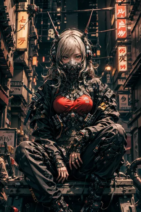 (masterpiece:1.4), (intricate:1.2), (detailed:1.2), (vibrant colors:1.2), BREAK,
(cyberpunk:1.2), (futuristic:1.2), (vaporwave:1.0), (crotch shot:1.0), (red and black:1.4), (from below:1.0), BREAK,
(1girl:1.2), (solo:1.4), (urban techwear:1.0), <lora:urbantechwear:0.6> , (techpunkmask:1.0), <lora:techpunkmask_v0.5:0.6> , (sitting:1.2), (horns:1.2), (white hair:1.0), BREAK,
(outside:1.2), (night:1.4),(empty street:1.0), (neon signs:1.2),