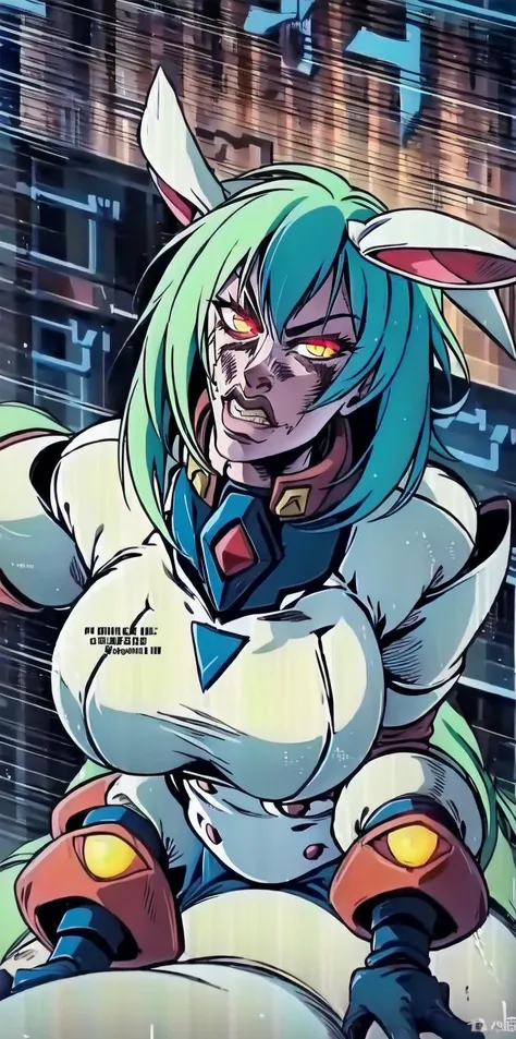 solo, 1girl, (white long fluffy bunny ears.1.5), green hair, <lyco:GoodHands-beta2:1.0>, <lyco:image_compositionLoCon:1.0>,black military uniform, jacket, jet black skirt, red tie, oversized mechanical gauntlets, claws on fingers, (red glowing eyes:1.5), violence, <lyco:Robotaction:0.2>, debris, motion lines, speed lines, <lora:urbantechwear:0.35>, techwear, outfit, mechanical limbs, exciting camera angle, MenacingJojo, text, <lora:MenacingJojo:1>, red eyes, full armor, power armor, mecha, gundam, (PALE SKIN:1.25), <lora:add_detail:0.35>, nice hands, perfect hands, military jacket, overcoat, <lora:Irefuse:1.0>