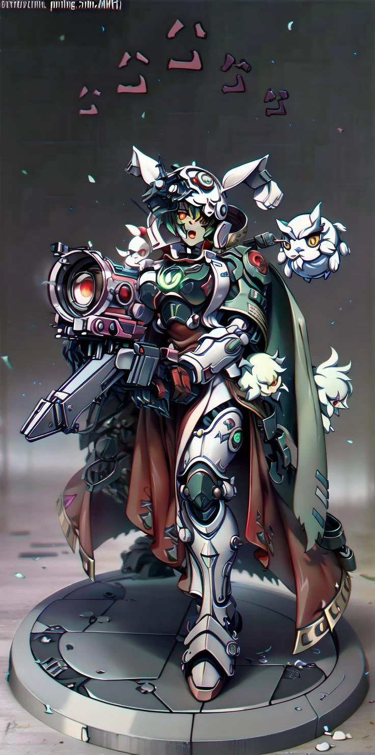 solo, 1girl, (white long fluffy bunny ears.1.5), green hair, <lyco:GoodHands-beta2:1.0>, <lyco:image_compositionLoCon:1.0>,black military uniform, jacket, jet black skirt, red tie, oversized mechanical gauntlets, claws on fingers, (red glowing eyes:1.5), violence, <lyco:Robotaction:0.2>, debris, motion lines, speed lines, <lora:urbantechwear:0.35>, techwear, outfit, mechanical limbs, exciting camera angle, MenacingJojo, text, <lora:MenacingJojo:1>, red eyes, full armor, power armor, mecha, gundam, (PALE SKIN:1.25), <lora:add_detail:0.35>, nice hands, perfect hands, military jacket, overcoat, <lora:Pmini_v4.0:1.0>